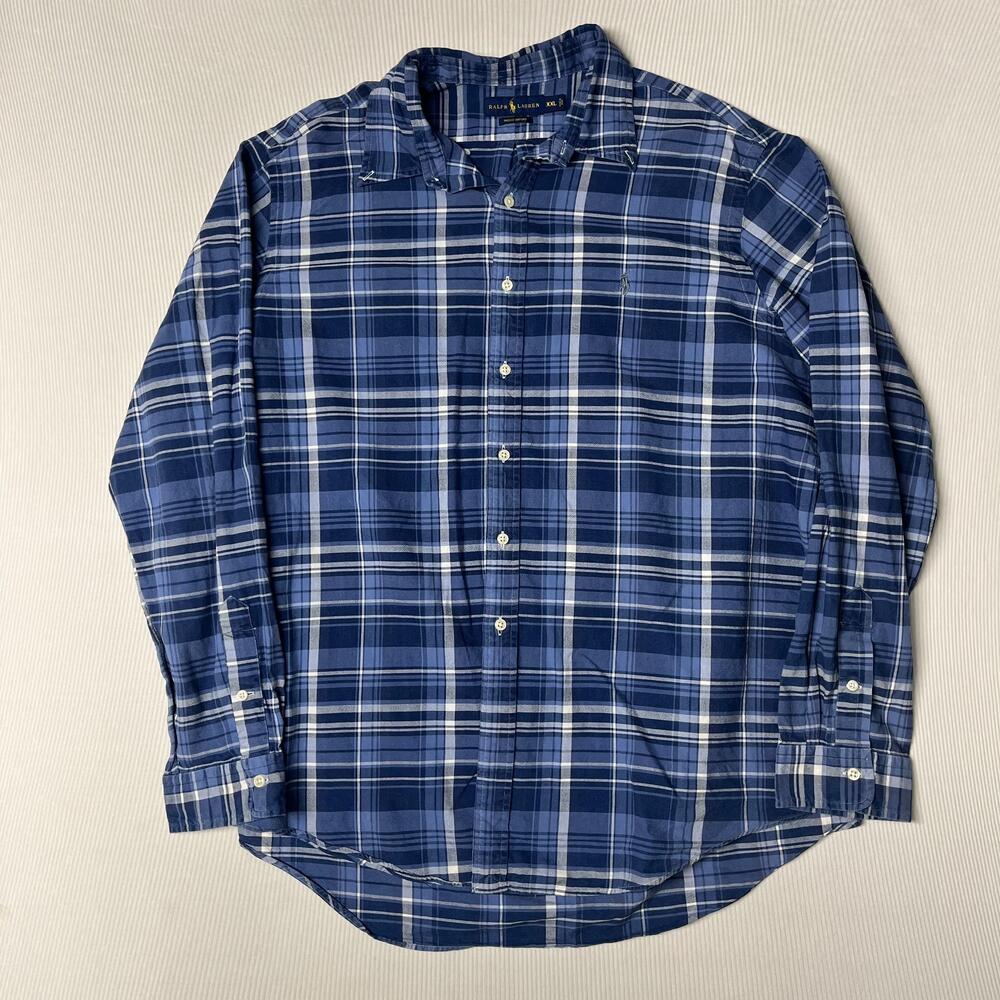 Ralph Lauren Shirt Mens 2XL Blue Plaid Long Sleeve Button Up Indigo Oxford